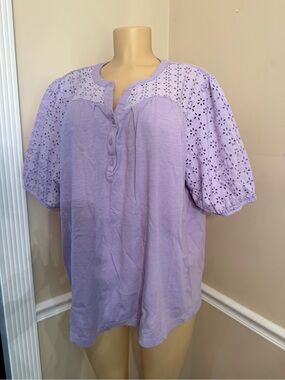 St. John's Bay Lilac Eyelet Puff Sleeve Henley Top